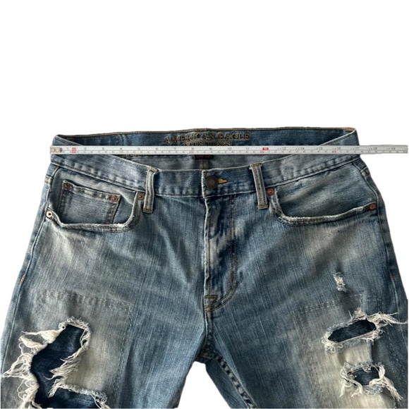 🌻4/$20 AEO Men’s Slim Straight Patch Distressed Jeans Size 33x30 - Picture 5 of 15